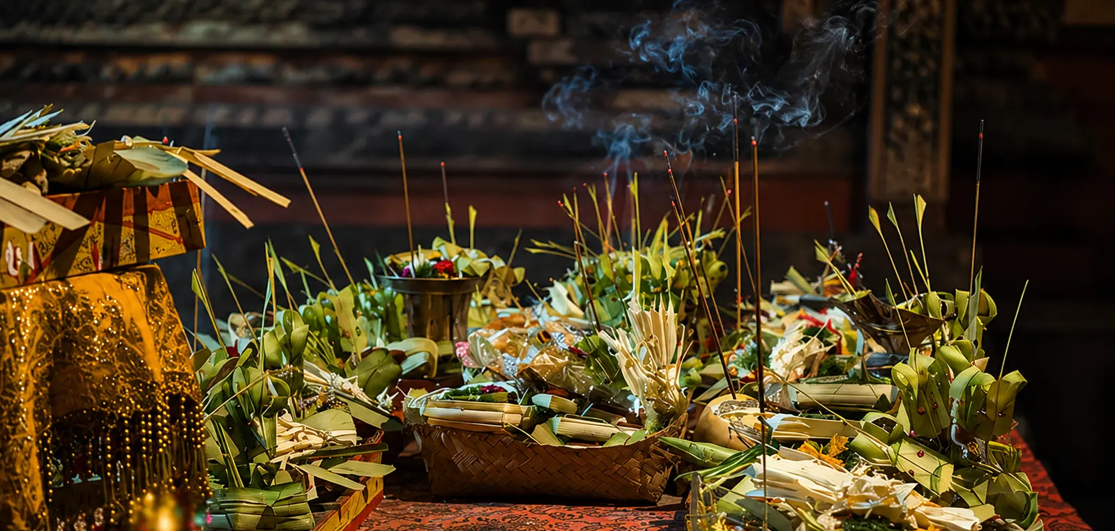 Offerings and incense on a temple table